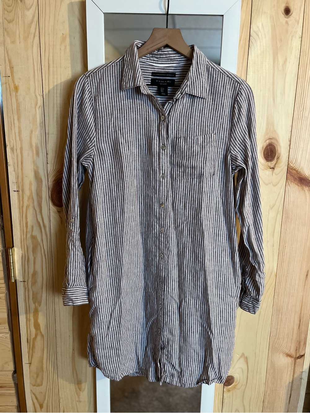 Tahari European 100% Linen Flax Button Down Dress W/Pockets EUC